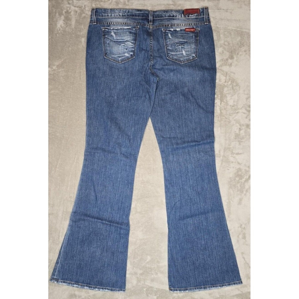 Blue 2 Flare leg Jeans Women's Low Rise Medium Wash Stretch Distressed 33 - Picture 2 of 16